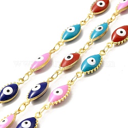 Handmade Eco-friendly Brass Enamel Horse Eye with Evil Eye Link Chain, Real 18K Gold Plated, Lead Free & Cadmium Free, Soldered, with Spool, Colorful, 16x6.5x4mm
