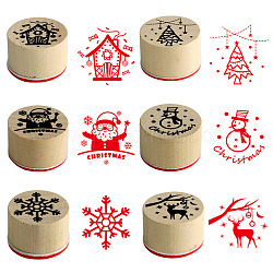 6 шт., 6 стиля, деревянные штампы на рождественскую тему, колонна со снежинкой, северным оленем, елкой, дедом морозом, снеговиком и домиком, деревесиные, 13.5x9x2.1 см, штамп: 30x21 мм, 1шт / стиль