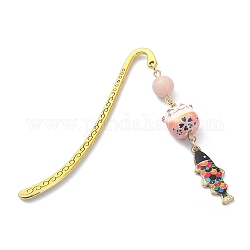 Marque-page maneki-neko de style japonais, Marque-page pendentif chat et poisson porte-bonheur avec opale rose ronde naturelle, marque-pages crochet en alliage, 84mm