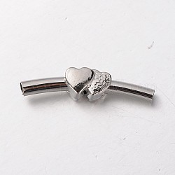 Brass Tube Beads, with Double Heart Alloy Beads, Platinum, 35x8x8mm, Hole: 3mm