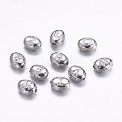 Perline in lega, Ovale con lettera, platino, lettere miste casuali, 7~7.5x6x3.5mm, Foro: 1 mm