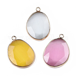 Cat Eye Stone Pendants, with Golden Plated Brass Edge, Faceted, Oval, Mixed Color, 30x21x4mm, Hole: 2mm