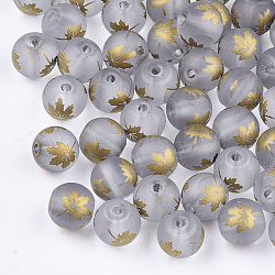 Perline di vetro trasparente placcato tema autunnale, smerigliato, rotondo con motivo a foglia d'acero, oro, 8~8.5mm, Foro: 1.5 mm