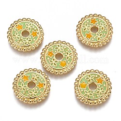 Perles en laiton émaillé, plat rond avec étoile & étoile jaune, véritable 18k plaqué or, vert clair, 15.6x2mm, Trou: 2.7mm