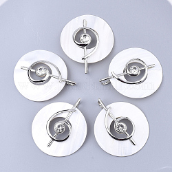 Freshwater Shell Big Pendants, with Alloy Findings and Rhinestone, Flat Round, Platinum, 59~60x49~50x9.5~10mm, Hole: 6.5x6.5mm