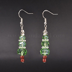 Orecchini pendenti con perle di vetro natalizio, con risultati di stelle in lega di stile tibetano, perline di vetro e ganci in ottone orecchino, verde chiaro, 53mm, ago :0.6mm