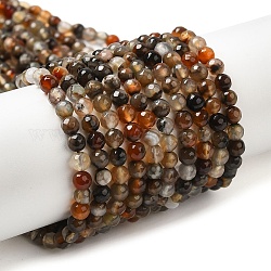 Chapelets de perles d'agate naturelle, facette, ronde, teints et chauffée, selle marron, 4mm, Trou: 0.8mm, Environ 88~94 pcs/chapelet, 14.76~15.87'' (37.5~40.3 cm)