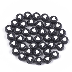 Abalorios acrílicos opacos, plano y redondo con corazón, negro, 7x3.5mm, agujero: 1.2 mm, aproximamente 3700 unidades / 500 g