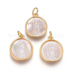 Brass Pendants, with Shell and Jump Ring, Flat Round with Virgin Mary, Golden, 16x14x3mm, Hole: 3mm