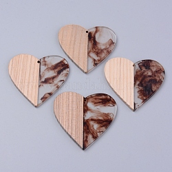 Pendenti in resina e legno, Two Tone, cuore, marrone, 46x48x2~3mm, Foro: 2 mm