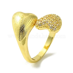 Brass Micro Pave Cubic Zirconia Open Cuff Rings, Heart, Real 16K Gold Plated, Inner Diameter: 17.8mm
