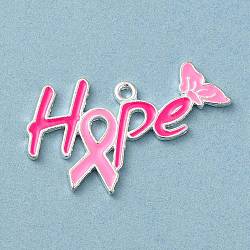 Pendenti in smalto in lega a tema nastro rosa per la consapevolezza del cancro al seno, argento, parola, 19x32.5x1.5mm, Foro: 1.5 mm