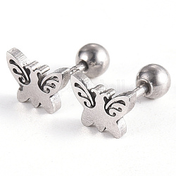 201 Stainless Steel Barbell Cartilage Earrings, Screw Back Earrings, with 304 Stainless Steel Pins, Butterfly, Stainless Steel Color, 6x8x2mm, Pin: 1mm