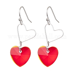 Pendants d'oreilles de mode, avec pendentifs en verre à la main, laiton strass boucle d'oreille crochets, cœur, rouge, 39x14mm