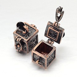 Sculptés en rack cuboïde boîte laitonnage de prière pendentifs, boîte souhaiter, sans nickel, cuivre rouge, 16x10x15mm, Trou: 5x3mm