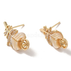 Boucles d'oreilles en laiton doré avec micro pavé de zircone cubique, avec coquille, montures de boucles d'oreilles pour perles semi-percées, plume, Plateau: 5 mm, 22.5x11mm, broche: 11x0.7mm et 0.9mm