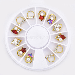 Alloy Cabochons, with ABS Plastic Imitation Pearl AND Rhinestone, Nail Art Decoration Accessories, Star & Rhombus & Half Round, Mixed Color, 9x7x4mm, 10.5x7.5x4.5mm, 7x8x3mm, 60x7.5mm