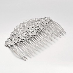 Hair Accessories Iron Hair Comb Findings, with Filigree Flower Cabochon Settings, Platinum, 81x55x1.6mm