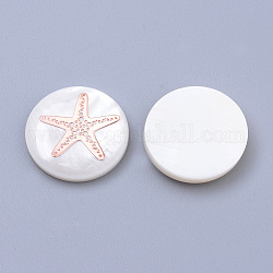 Freshwater Shell Cabochons, with Iron Findings, Flat Round with Starfish/Sea Stars, Seashell Color, Rose Gold, 16x3~4mm