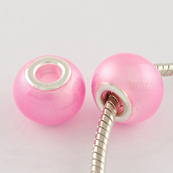 Spray Painted Glass European Beads, with Brass Silver Color Plated Cores, Large Hole Beads, Rondelle, Silver Color Plated, Pearl Pink, 15x12mm, Hole: 5mm