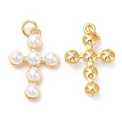 Brass Plastic Imitation Pearls Pendants, with Jump Ring, Cadmium Free & Lead Free, Long-Lasting Plated, Cross Charms, Real 18K Gold Plated, 22x14.5x5mm, Hole: 3mm