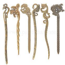 Sunnyclue 12 pz 6 stile volpe e fenice e cigno e pesce e drago segnalibri in lega stile tibetano, bastoncini per capelli per le donne, bronzo antico, 128~159x17~34x3~5mm, 2pcs / style
