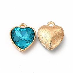 Факельные стеклянные подвески из стразы, с золотистыми оттенками цинкового сплава, сердце подвески, голубой, 16.5x14x6.5 мм, отверстие : 1.6 мм