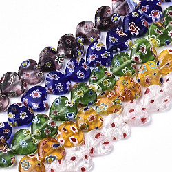 Handmade Millefiori Lampwork Beads Strands, Heart, Mixed Color, 11~12x12x4~5mm, Hole: 1mm, about 32~33pcs/strand, 12.72 inch~13.78 inch(32.3~35cm)