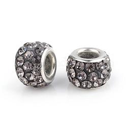 Perline europei strass argilla polimerica, perline con foro grande, rondelle, con anime in ottone placcato color argento, diamante nero, 10~12x7~8mm, Foro: 5 mm