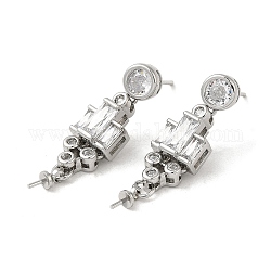 Brass Micro Pave Cubic Zirconia Stud Earring Findings, with 925 Sterling Silver Pins, for Half Drilled Beads, Real Platinum Plated, 30mm, Pin: 12x0.8mm and 0.6mm(for Half Drilled Beads)