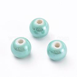 Perles en porcelaine manuelles, nacré, ronde, aigue-marine, 10mm, Trou: 2~3mm