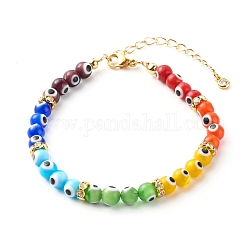Handmade Evil Eye Lampwork Beaded Bracelets, with Brass Rhinestone Spacer Beads and Curb Chains, Colorful, 7-1/2 inch(19cm)