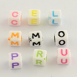 Opaque Acrylic Beads, Horizontal Hole, Cube with Letter, Mixed Color, 6x6x6mm, Hole: 3.5mm, about 3300pcs/500g