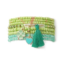 Set di braccialetti elastici con perline di semi di vetro 8 pz 8 stili, braccialetti impilabili in lega smaltata e nappa di cotone per donna, verde, modello di trifoglio, diametro interno: 2-3/8 pollice (6 cm), trifoglio: 18x12x2 mm, 1pc / style