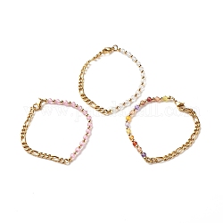 Кубический цирконий круглый браслет из бисера с 304 цепочкой фигаро из нержавеющей стали для женщин, золотые, разноцветные, 7-1/2 дюйм (19.2 см)