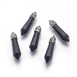 Synthetic Blue Goldstone Pendants, with Alloy Findings, Hexagonal, Platinum, 38~40x8~10mm, Hole: 3mm