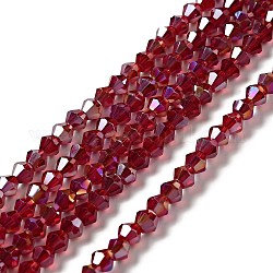 Chapelets de perles en verre, de couleur plaquée ab , facette, Toupie, rouge foncé, 4x4mm, Trou: 1mm, Environ 92~96 pcs/chapelet, 13.78~14.37 pouce