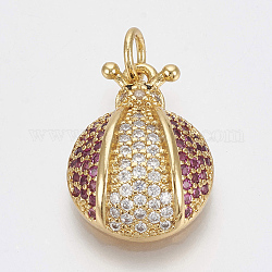 Brass Micro Pave Cubic Zirconia Pendants, with Jump Rings, Ladybug, Medium Violet Red, Golden, 17.5x13x5mm, Hole: 3mm