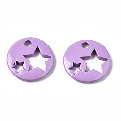 Spray Painted Brass Charms, Flat Round with Star, Medium Orchid, 14.5x14.5x2.5mm, Hole: 2mm