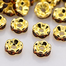 Abalorios de latón Diamante de imitación espaciador, Grado A, borde ondulado, color metal dorado, rerondana plana, café, 8x3.8mm, agujero: 1 mm