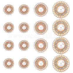 Gorgecraft 3 Style Alloy Rhinestone Shank Buttons, with Plastic Imitation Pearls, 1-Hole, Flat Round, Light Gold, 15~25x9~12.5mm, Hole: 2mm, 16pcs/box