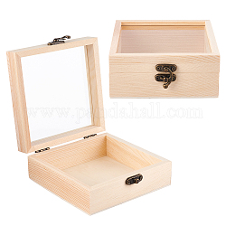 Caja de madera, caja de tapa abatible, con cierres de hierro y ventana visual de vidrio, Rectángulo, burlywood, 5-1/8x4-3/4x2 pulgada (13x12x5 cm)