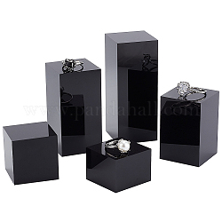 FINGERINSPIRE 5Pcs 5 Styles Square Transparent Acrylic Jewelry Display Pedestals, for Small Jewelry, Cosmetic Showing, Black, 4x4x3~10cm, 1pc/style
