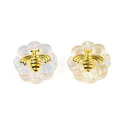 Galvanoplastie perles de verre transparentes, couleur ab , avec les accessoires en laiton plaqués or, fleur avec abeilles, clair ab, 12x12x5mm, Trou: 1mm