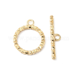 Messing Knebelverschlüsse, strukturierter Ring, echtes 18k vergoldet, Ring: 25.5x21.5x2.5 mm, Bohrung: 3 mm, Bar: 32x7x2.5 mm, Bohrung: 3 mm