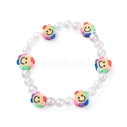 Handmade Polymer Clay Beads Stretch Bracelets for Kids, with Eco-Friendly Transparent Acrylic Beads, Flower, Colorful, Inner Diameter: 1-7/8 inch(4.8cm)