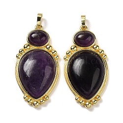 Natural Amethyst Pendants, Teardrop Charms with Rack Plating Golden Tone Brass Findings, Cadmium Free & Lead Free, 43.5x22x7.8mm, Hole: 3.2x5.3mm