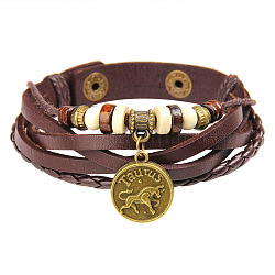 12 bracelets constellation, cordon en cuir avec les accessoires en laiton, plat rond, taurus, 8-5/8 pouce (22 cm)