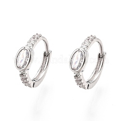 Glass Oval Hoop Earrings with Cubic Zirconia, Real Platinum Plated Brass Jewelry for Women, Nickel Free, Clear, 14.5x13x2mm, Pin: 1mm