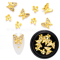 Сплав горный хрусталь кабошоны, ногтей декоративные аксессуары, цветок и бабочка, золотые, 10x11x2.5 мм и 8x7x2 мм, 8 шт / коробка